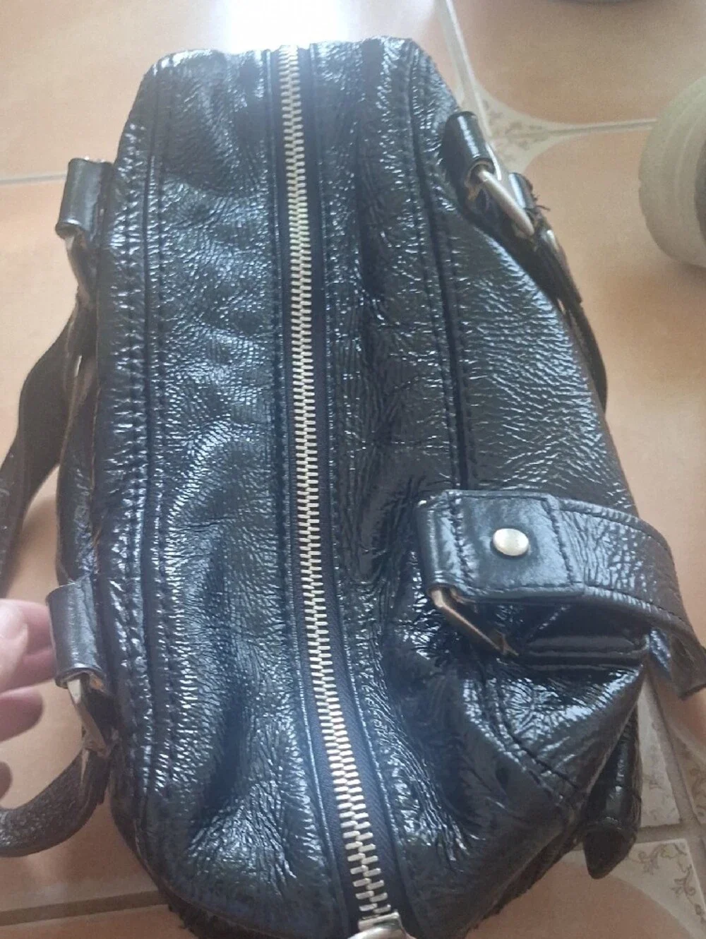 Michael Kors Black Patent Leather Shoulder Bag with Silver Hardware
